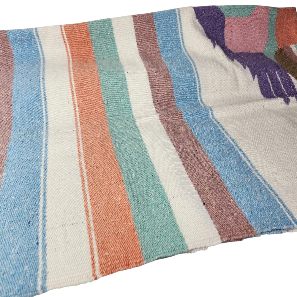 Vintage Pastel Striped Aztec Warrior Blanket Rug Wool Mexican Throw Saddle Boho